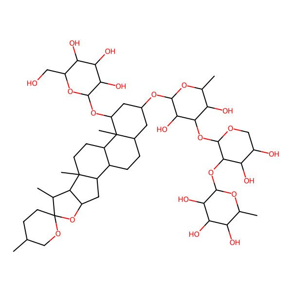 2D Structure of (2S,3R,4R,5R,6S)-2-[(2S,3R,4S,5R)-2-[(2S,3S,4R,5R,6R)-3,5-dihydroxy-2-methyl-6-[(14R,18R)-5',7,9,13-tetramethyl-14-[(2R,3R,4S,5S,6R)-3,4,5-trihydroxy-6-(hydroxymethyl)oxan-2-yl]oxyspiro[5-oxapentacyclo[10.8.0.02,9.04,8.013,18]icosane-6,2'-oxane]-16-yl]oxyoxan-4-yl]oxy-4,5-dihydroxyoxan-3-yl]oxy-6-methyloxane-3,4,5-triol