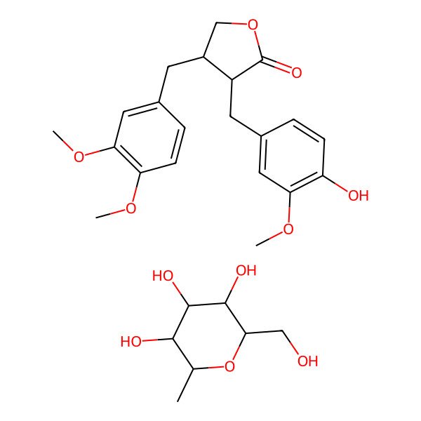 2D Structure of 4-[(3,4-dimethoxyphenyl)methyl]-3-[(4-hydroxy-3-methoxyphenyl)methyl]oxolan-2-one;2-(hydroxymethyl)-6-methyloxane-3,4,5-triol
