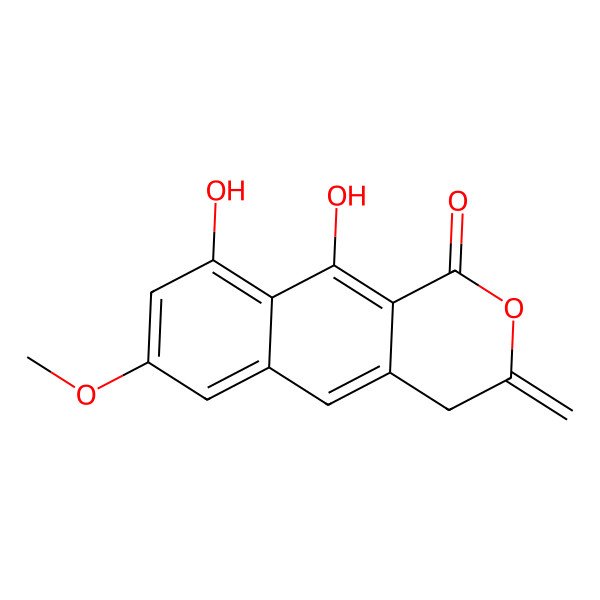 2D Structure of 1H-Naphtho(2,3-c)pyran-1-one, 3,4-dihydro-9,10-dihydroxy-7-methoxy-3-methylene- 2D Structure of 1H-Naphtho(2,3-c)pyran-1-one, 3,4-dihydro-9,10-dihydroxy-7-methoxy-3-methylene-
