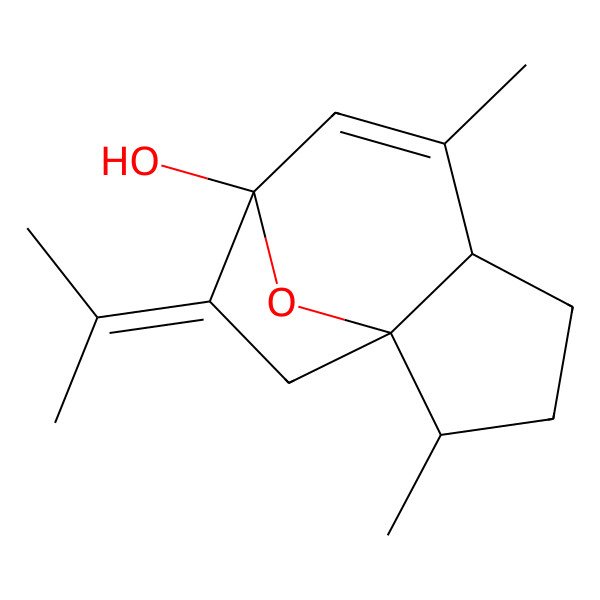 2D Structure of (1R,2S,5S,8S)-2,6-dimethyl-9-propan-2-ylidene-11-oxatricyclo[6.2.1.01,5]undec-6-en-8-ol