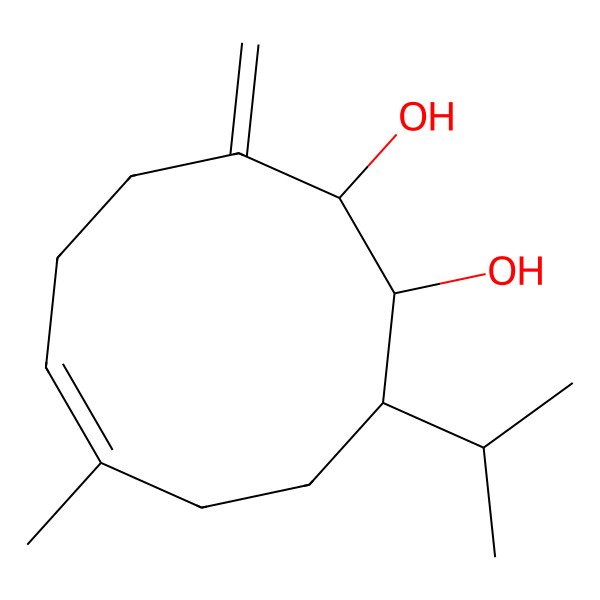 2D Structure of (1R,2S,6E,10S)-3-Methylene-7-methyl-10-isopropyl-6-cyclodecene-1,2-diol