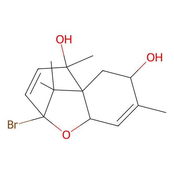 2D Structure of (1R,3R,6S,8R,11R)-8-bromo-4,11,12,12-tetramethyl-7-oxatricyclo[6.3.1.01,6]dodeca-4,9-diene-3,11-diol