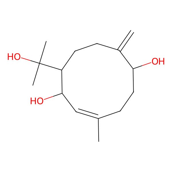 2D Structure of (1R,4E,6R,7R)-4-Methyl-7-(1-hydroxy-1-methylethyl)-10-methylene-4-cyclodecene-1,6-diol