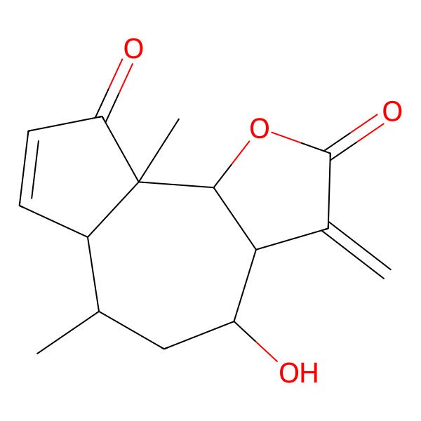 2D Structure of (1R,5R,6S,7R,8S,10R)-8-hydroxy-4-oxopseudoguai-2(3),11(13)-dien-12,6-olide