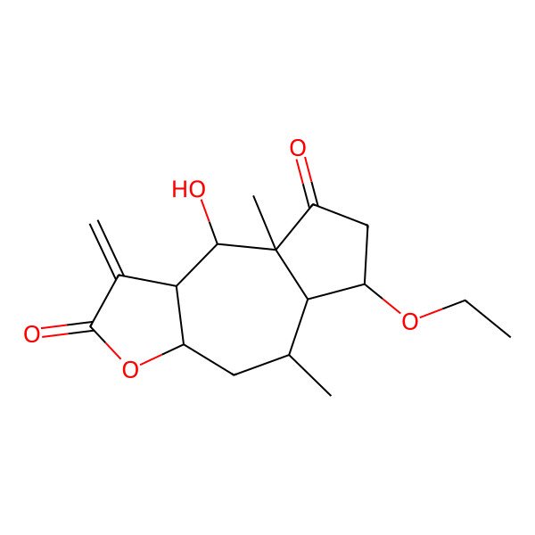 2D Structure of (1S,2R,5R,6S,7S,8S,10R)-6-hydroxy-2-ethoxy-4-oxopseudoguai-11(13)-en-12,8-olide