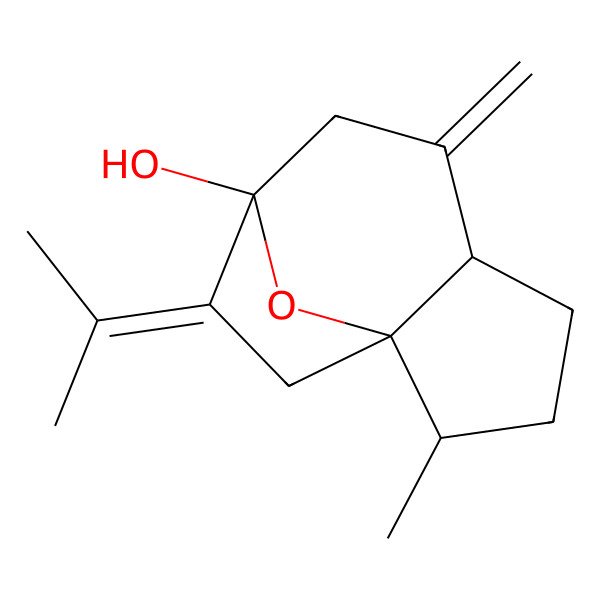 2D Structure of (1S,2S,5S,8S)-2-methyl-6-methylidene-9-propan-2-ylidene-11-oxatricyclo[6.2.1.01,5]undecan-8-ol
