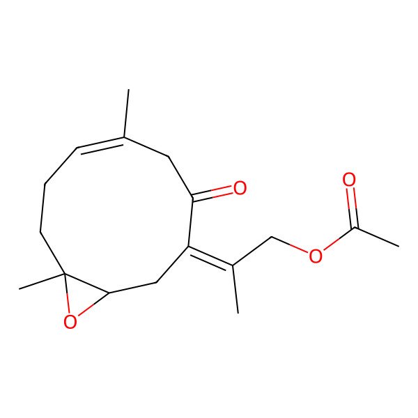 2D Structure of (1S,4E,10S)-8-[(E)-1-(Acetoxymethyl)ethylidene]-1,5-dimethyl-11-oxabicyclo[8.1.0]undec-4-en-7-one