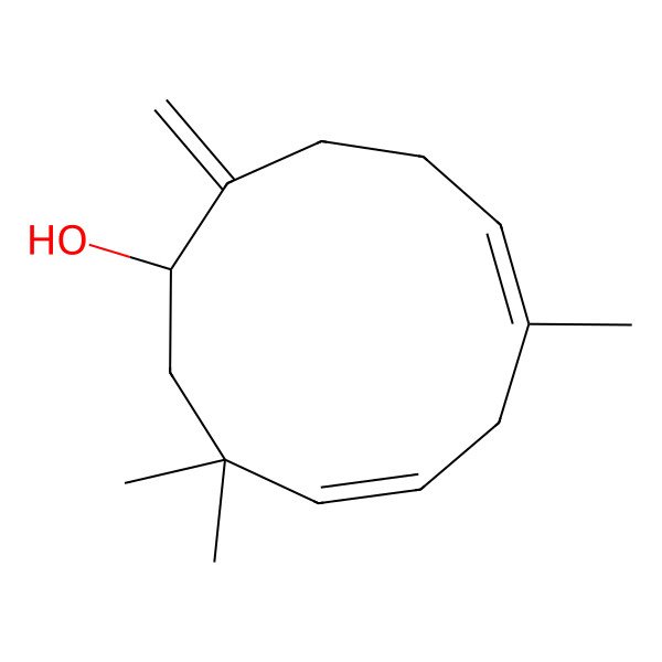 2D Structure of (1S,4Z,7Z)-3,3,7-trimethyl-11-methylidenecycloundeca-4,7-dien-1-ol 2D Structure of (1S,4Z,7Z)-3,3,7-trimethyl-11-methylidenecycloundeca-4,7-dien-1-ol