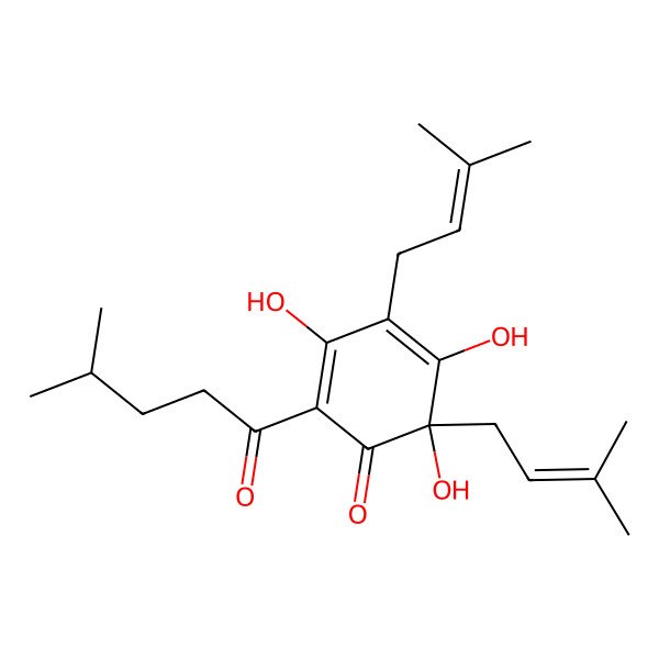 2D Structure of 2-(1-Oxo-4-methylpentyl)-3,5,6-trihydroxy-4,6-bis(3-methyl-2-butenyl)-2,4-cyclohexadien-1-one 2D Structure of 2-(1-Oxo-4-methylpentyl)-3,5,6-trihydroxy-4,6-bis(3-methyl-2-butenyl)-2,4-cyclohexadien-1-one