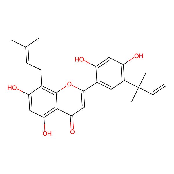 2D Structure of 2-[2,4-Dihydroxy-5-(2-methylbut-3-en-2-yl)phenyl]-5,7-dihydroxy-8-(3-methylbut-2-enyl)chromen-4-one