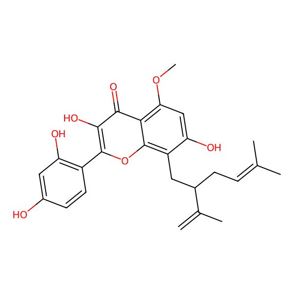 2D Structure of 2-(2,4-Dihydroxyphenyl)-3,7-dihydroxy-5-methoxy-8-(5-methyl-2-prop-1-en-2-ylhex-4-enyl)chromen-4-one