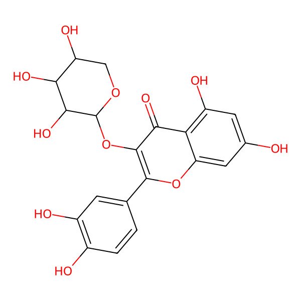 2D Structure of 2-(3,4-dihydroxyphenyl)-5,7-dihydroxy-3-[(2R,3R,4S,5S)-3,4,5-trihydroxyoxan-2-yl]oxychromen-4-one
