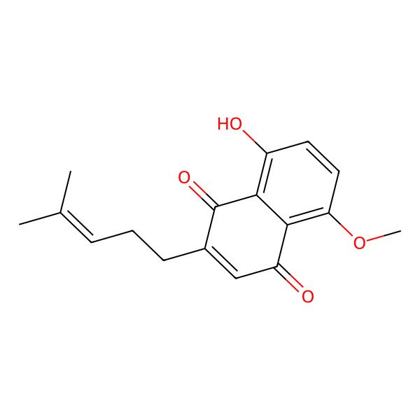 2D Structure of 2-(4-Methyl-3-pentenyl)-5-methoxy-8-hydroxy-1,4-naphthoquinone 2D Structure of 2-(4-Methyl-3-pentenyl)-5-methoxy-8-hydroxy-1,4-naphthoquinone