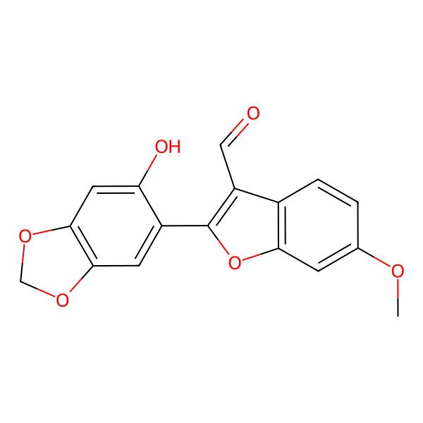 2D Structure of 2-(5-Hydroxy-1,3-benzodioxole-6-yl)-6-methoxybenzofuran-3-carbaldehyde
