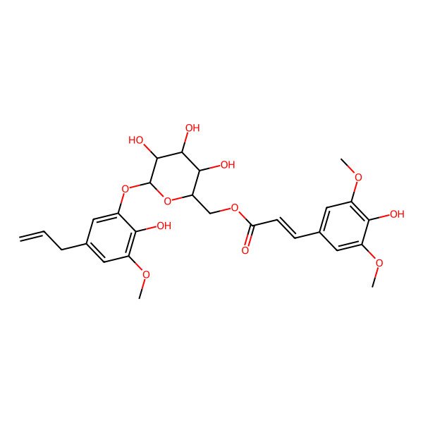 2D Structure of [(2R,3S,4S,5R,6S)-3,4,5-trihydroxy-6-(2-hydroxy-3-methoxy-5-prop-2-enylphenoxy)oxan-2-yl]methyl (E)-3-(4-hydroxy-3,5-dimethoxyphenyl)prop-2-enoate