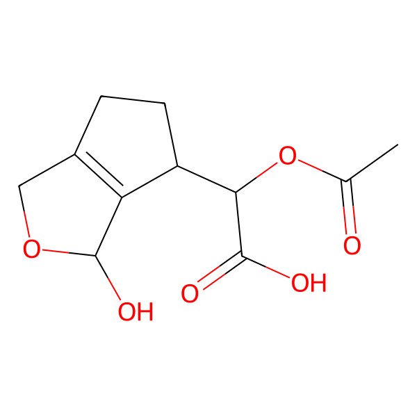 2D Structure of 2-acetyloxy-2-[(3S,4R)-3-hydroxy-3,4,5,6-tetrahydro-1H-cyclopenta[c]furan-4-yl]acetic acid