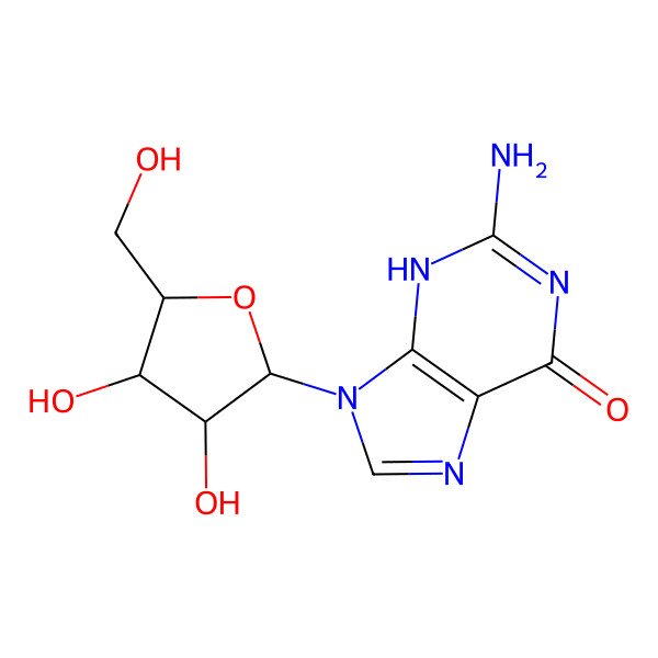 2D Structure of 2-amino-9-[(2R,3R,4S,5R)-3,4-dihydroxy-5-(hydroxymethyl)oxolan-2-yl]-3H-purin-6-one
