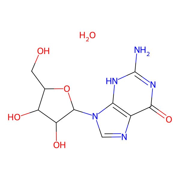 2D Structure of 2-amino-9-[(2R,3R,4S,5R)-3,4-dihydroxy-5-(hydroxymethyl)oxolan-2-yl]-3H-purin-6-one;hydrate