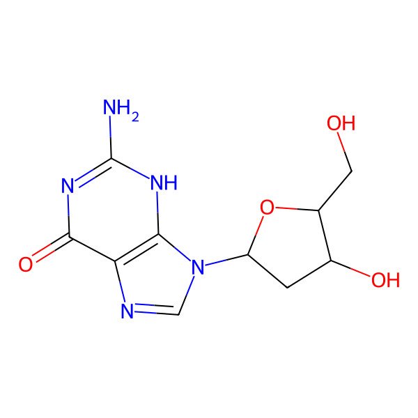 2D Structure of 2-amino-9-[(2R,4S,5R)-4-hydroxy-5-(hydroxymethyl)oxolan-2-yl]-3H-purin-6-one