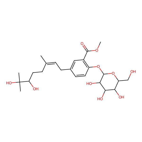 2D Structure of 2-(beta-D-Glucopyranosyloxy)-5-[(6S)-6,7-dihydroxy-3,7-dimethyl-2-octenyl]benzoic acid methyl ester