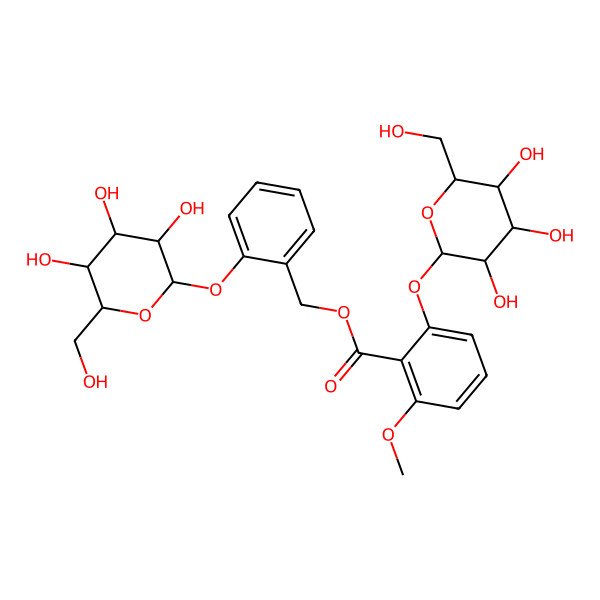 2D Structure of [2-[(2S,3R,4S,5S,6R)-3,4,5-trihydroxy-6-(hydroxymethyl)oxan-2-yl]oxyphenyl]methyl 2-methoxy-6-[(2S,3R,4S,5S,6R)-3,4,5-trihydroxy-6-(hydroxymethyl)oxan-2-yl]oxybenzoate