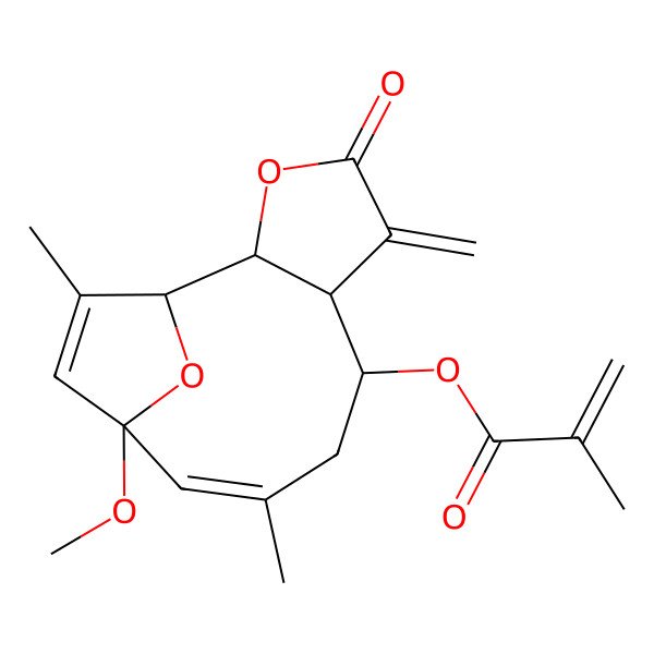 2D Structure of [(1S,2S,6R,7S,9Z,11S)-11-methoxy-9,13-dimethyl-5-methylidene-4-oxo-3,14-dioxatricyclo[9.2.1.02,6]tetradeca-9,12-dien-7-yl] 2-methylprop-2-enoate