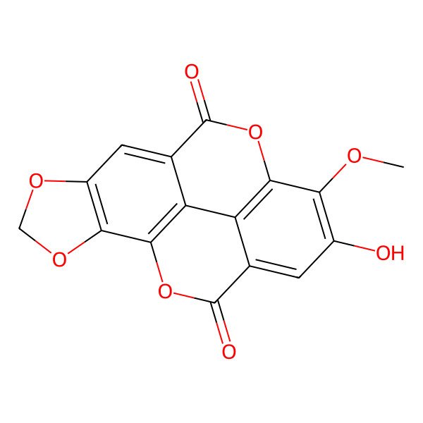 2D Structure of 13-Hydroxy-12-methoxy-3,5,10,17-tetraoxapentacyclo[9.6.2.02,6.08,18.015,19]nonadeca-1(18),2(6),7,11(19),12,14-hexaene-9,16-dione
