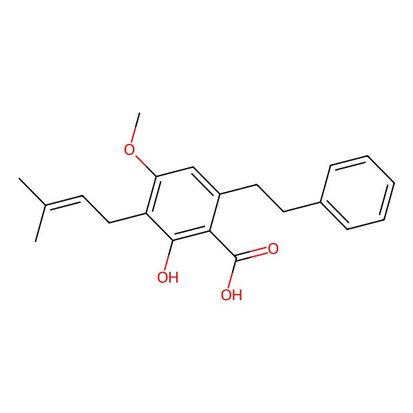 2D Structure of 2-Hydroxy-4-methoxy-3-(3-methylbut-2-en-1-yl)-6-phenethylbenzoic acid 2D Structure of 2-Hydroxy-4-methoxy-3-(3-methylbut-2-en-1-yl)-6-phenethylbenzoic acid