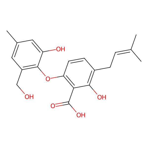 2D Structure of 2-Hydroxy-6-[2-hydroxy-6-(hydroxymethyl)-4-methyl-phenoxy]-3-(3-methylbut-2-enyl)benzoic acid