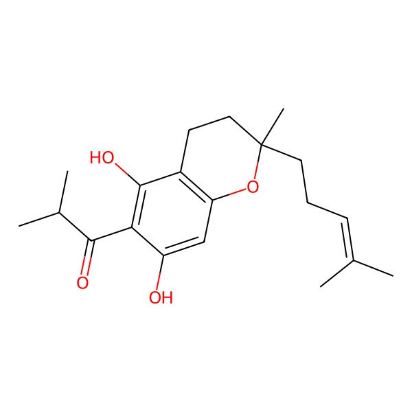 2D Structure of 2-Methyl-2-(4-methyl-3-pentenyl)-6-(2-methylpropanoyl)-3,4-dihydro-2H-1-benzopyran-5,7-diol 2D Structure of 2-Methyl-2-(4-methyl-3-pentenyl)-6-(2-methylpropanoyl)-3,4-dihydro-2H-1-benzopyran-5,7-diol