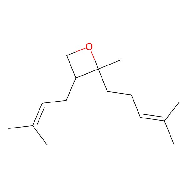 2D Structure of 2-Methyl-3-(3-methyl-but-2-enyl)-2-(4-methyl-pent-3-enyl)-oxetane