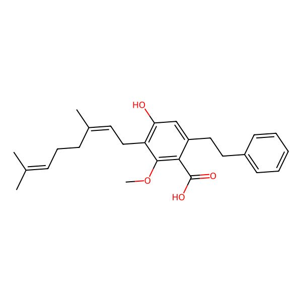 2D Structure of 2-Phenethyl-4-hydroxy-5-[(2E)-3,7-dimethyl-2,6-octadienyl]-6-methoxybenzoic acid