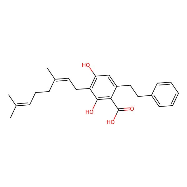 2D Structure of 2-Phenethyl-4,6-dihydroxy-5-[(2E)-3,7-dimethyl-2,6-octadienyl]benzoic acid