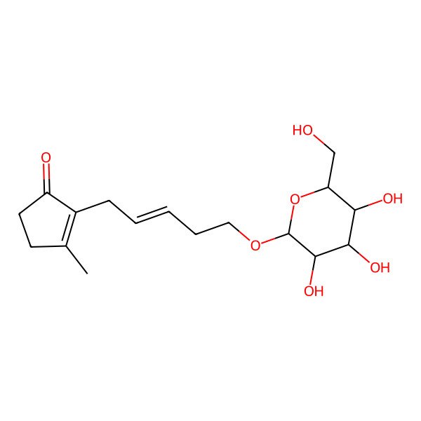 2D Structure of 3-methyl-2-[(Z)-5-[(2R,3R,4S,5S,6R)-3,4,5-trihydroxy-6-(hydroxymethyl)oxan-2-yl]oxypent-2-enyl]cyclopent-2-en-1-one