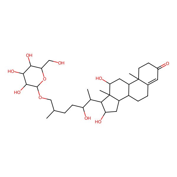 2D Structure of (8R,9S,10R,12R,13S,14S,16S,17R)-12,16-dihydroxy-17-[(2S,3S,6R)-3-hydroxy-6-methyl-7-[(2R,3R,4S,5S,6R)-3,4,5-trihydroxy-6-(hydroxymethyl)oxan-2-yl]oxyheptan-2-yl]-10,13-dimethyl-1,2,6,7,8,9,11,12,14,15,16,17-dodecahydrocyclopenta[a]phenanthren-3-one