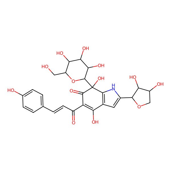 2D Structure of (7R)-2-[(2S,3R,4R)-3,4-dihydroxyoxolan-2-yl]-4,7-dihydroxy-5-[(E)-3-(4-hydroxyphenyl)prop-2-enoyl]-7-[(2R,3R,4S,5S,6R)-3,4,5-trihydroxy-6-(hydroxymethyl)oxan-2-yl]-1H-indol-6-one