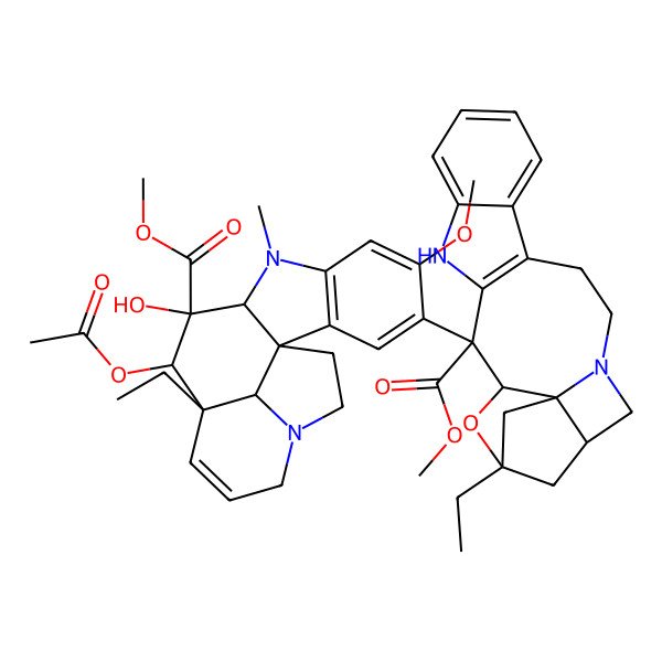 2D Structure of methyl (4S)-4-[(10S,11R)-11-acetyloxy-12-ethyl-10-hydroxy-5-methoxy-10-methoxycarbonyl-8-methyl-8,16-diazapentacyclo[10.6.1.01,9.02,7.016,19]nonadeca-2,4,6,13-tetraen-4-yl]-1-ethyl-2-oxa-6,16-diazahexacyclo[16.2.1.03,19.05,13.07,12.016,19]henicosa-5(13),7,9,11-tetraene-4-carboxylate