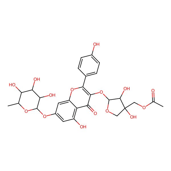 2D Structure of [(3R,4S,5R)-3,4-dihydroxy-5-[5-hydroxy-2-(4-hydroxyphenyl)-4-oxo-7-[(2S,3R,4R,5R,6S)-3,4,5-trihydroxy-6-methyloxan-2-yl]oxychromen-3-yl]oxyoxolan-3-yl]methyl acetate