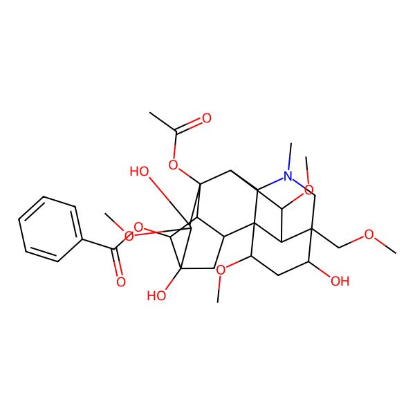 2D Structure of [(2R,3R,4R,5R,6S,7S,8R,13R,14R,16S,17S,18R)-8-acetyloxy-5,7,14-trihydroxy-6,16,18-trimethoxy-13-(methoxymethyl)-11-methyl-11-azahexacyclo[7.7.2.12,5.01,10.03,8.013,17]nonadecan-4-yl] benzoate