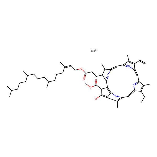 2D Structure of magnesium;16-ethenyl-11-ethyl-3-methoxycarbonyl-12,17,21,26-tetramethyl-22-[3-oxo-3-[(Z)-3,7,11,15-tetramethylhexadec-2-enoxy]propyl]-23,24,25-triaza-7-azanidahexacyclo[18.2.1.15,8.110,13.115,18.02,6]hexacosa-1(23),2(6),4,8(26),9,11,13(25),14,16,18(24),19-undecaen-4-olate