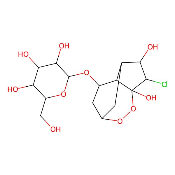 2D Structure of (2R,3R,4S,5S,6R)-2-[[(4S,6S,7R)-5-chloro-4,6-dihydroxy-2,3-dioxatricyclo[5.3.1.04,8]undecan-9-yl]oxy]-6-(hydroxymethyl)oxane-3,4,5-triol