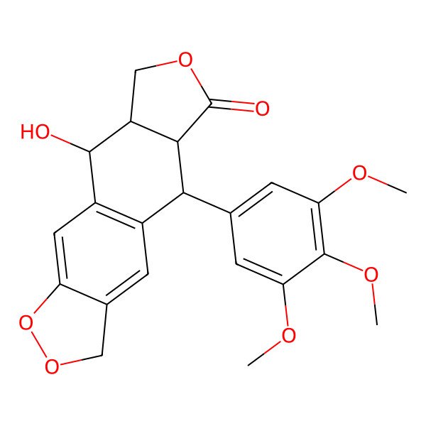 2D Structure of 9-Hydroxy-5-(3,4,5-trimethoxyphenyl)-3,5,5a,8,8a,9-hexahydro-[2]benzofuro[6,5-f][1,2]benzodioxol-6-one