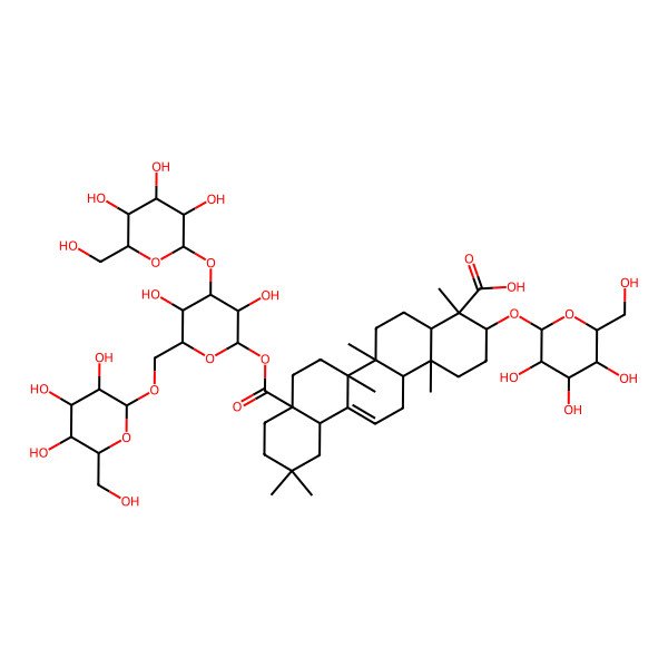 2D Structure of 8a-[(2S,3R,4S,5R,6R)-3,5-dihydroxy-4-[(2R,3R,4S,5S,6R)-3,4,5-trihydroxy-6-(hydroxymethyl)oxan-2-yl]oxy-6-[[(2R,3R,4S,5S,6R)-3,4,5-trihydroxy-6-(hydroxymethyl)oxan-2-yl]oxymethyl]oxan-2-yl]oxycarbonyl-4,6a,6b,11,11,14b-hexamethyl-3-[(2R,3R,4S,5S,6R)-3,4,5-trihydroxy-6-(hydroxymethyl)oxan-2-yl]oxy-1,2,3,4a,5,6,7,8,9,10,12,12a,14,14a-tetradecahydropicene-4-carboxylic acid