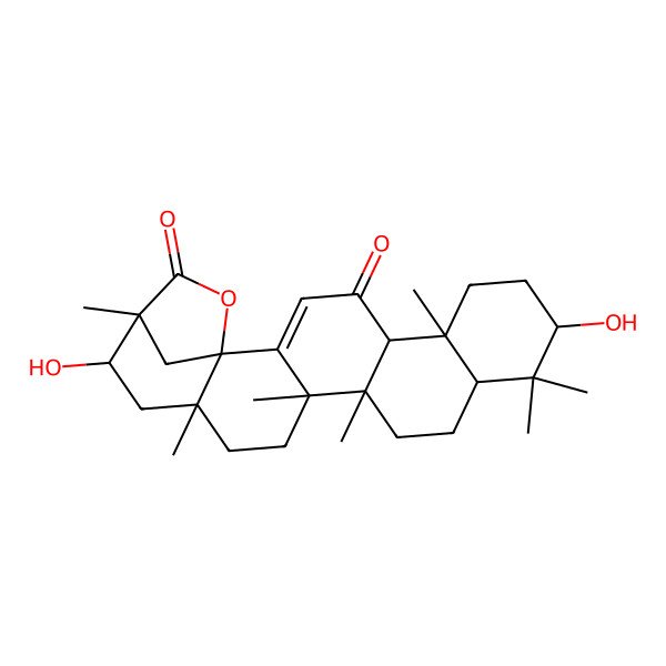 2D Structure of 18I+/--Olean-12-en-29-oic acid, 3I(2),18,21I+/--trihydroxy-11-oxo-, I(3)-lactone, (-)-