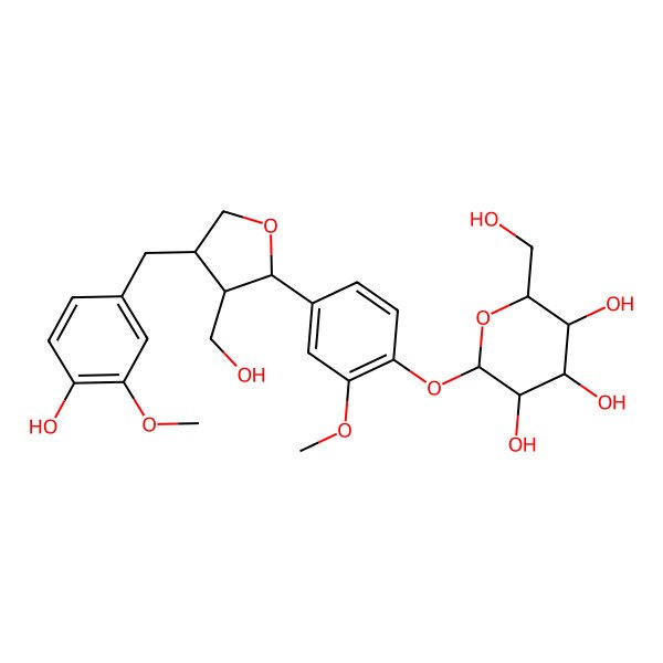 2D Structure of (2R,3S,4R,5R,6S)-2-[4-[(2R,3S,4S)-4-[(4-hydroxy-3-methoxyphenyl)methyl]-3-(hydroxymethyl)oxolan-2-yl]-2-methoxyphenoxy]-6-(hydroxymethyl)oxane-3,4,5-triol