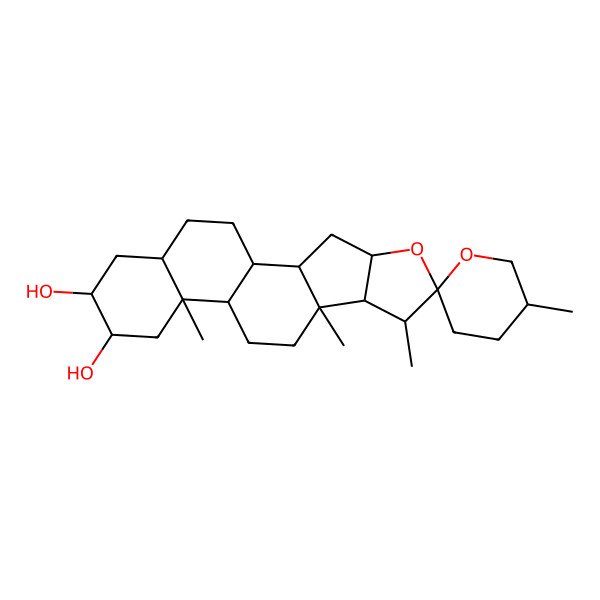 2D Structure of (2S,5'R,6R,7S,9S,13S,15R,16R,18S)-5',7,9,13-tetramethylspiro[5-oxapentacyclo[10.8.0.02,9.04,8.013,18]icosane-6,2'-oxane]-15,16-diol