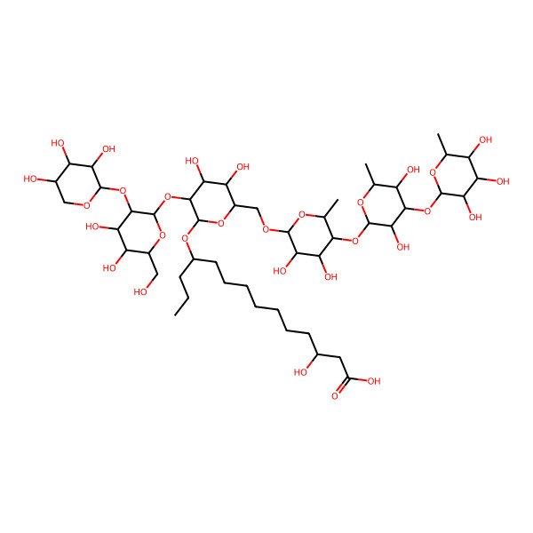 2D Structure of 11-[(2R,3R,4S,5S,6R)-3-[(2S,3R,4R,5S,6R)-4,5-dihydroxy-6-(hydroxymethyl)-3-[(2S,3R,4R,5R)-3,4,5-trihydroxyoxan-2-yl]oxyoxan-2-yl]oxy-6-[[(2R,3R,4S,5R,6R)-5-[(2S,3R,4R,5R,6R)-3,5-dihydroxy-6-methyl-4-[(2S,3R,4R,5S,6R)-3,4,5-trihydroxy-6-methyloxan-2-yl]oxyoxan-2-yl]oxy-3,4-dihydroxy-6-methyloxan-2-yl]oxymethyl]-4,5-dihydroxyoxan-2-yl]oxy-3-hydroxytetradecanoic acid