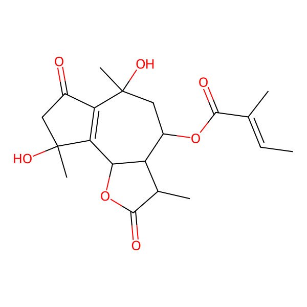 2D Structure of 2-Methyl-2-butenoic acid [(3aR)-2,3,3abeta,4,5,6,7,8,9,9balpha-decahydro-2,7-dioxo-6alpha,9beta-dihydroxy-3beta,6,9-trimethylazuleno[4,5-b]furan]-4beta-yl ester