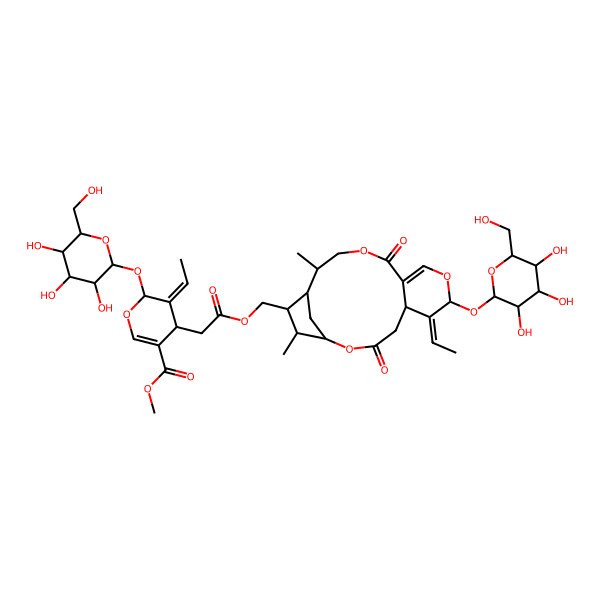 2D Structure of methyl (4S,5E,6S)-5-ethylidene-4-[2-[[(1S,5S,6E,7S,14R,15S,16S,17R)-6-ethylidene-14,17-dimethyl-3,11-dioxo-7-[(2S,3R,4S,5S,6R)-3,4,5-trihydroxy-6-(hydroxymethyl)oxan-2-yl]oxy-2,8,12-trioxatricyclo[13.2.1.05,10]octadec-9-en-16-yl]methoxy]-2-oxoethyl]-6-[(2S,3R,4S,5S,6R)-3,4,5-trihydroxy-6-(hydroxymethyl)oxan-2-yl]oxy-4H-pyran-3-carboxylate