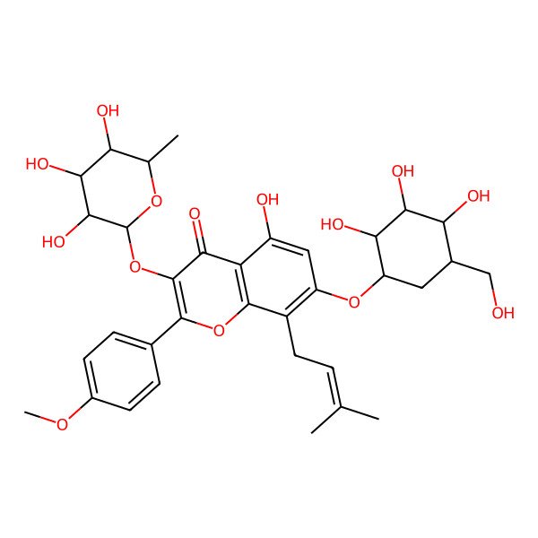 2D Structure of 5-hydroxy-2-(4-methoxyphenyl)-8-(3-methylbut-2-enyl)-7-[(1R,2R,3S,4R,5R)-2,3,4-trihydroxy-5-(hydroxymethyl)cyclohexyl]oxy-3-[(2S,3R,4R,5R,6S)-3,4,5-trihydroxy-6-methyloxan-2-yl]oxychromen-4-one